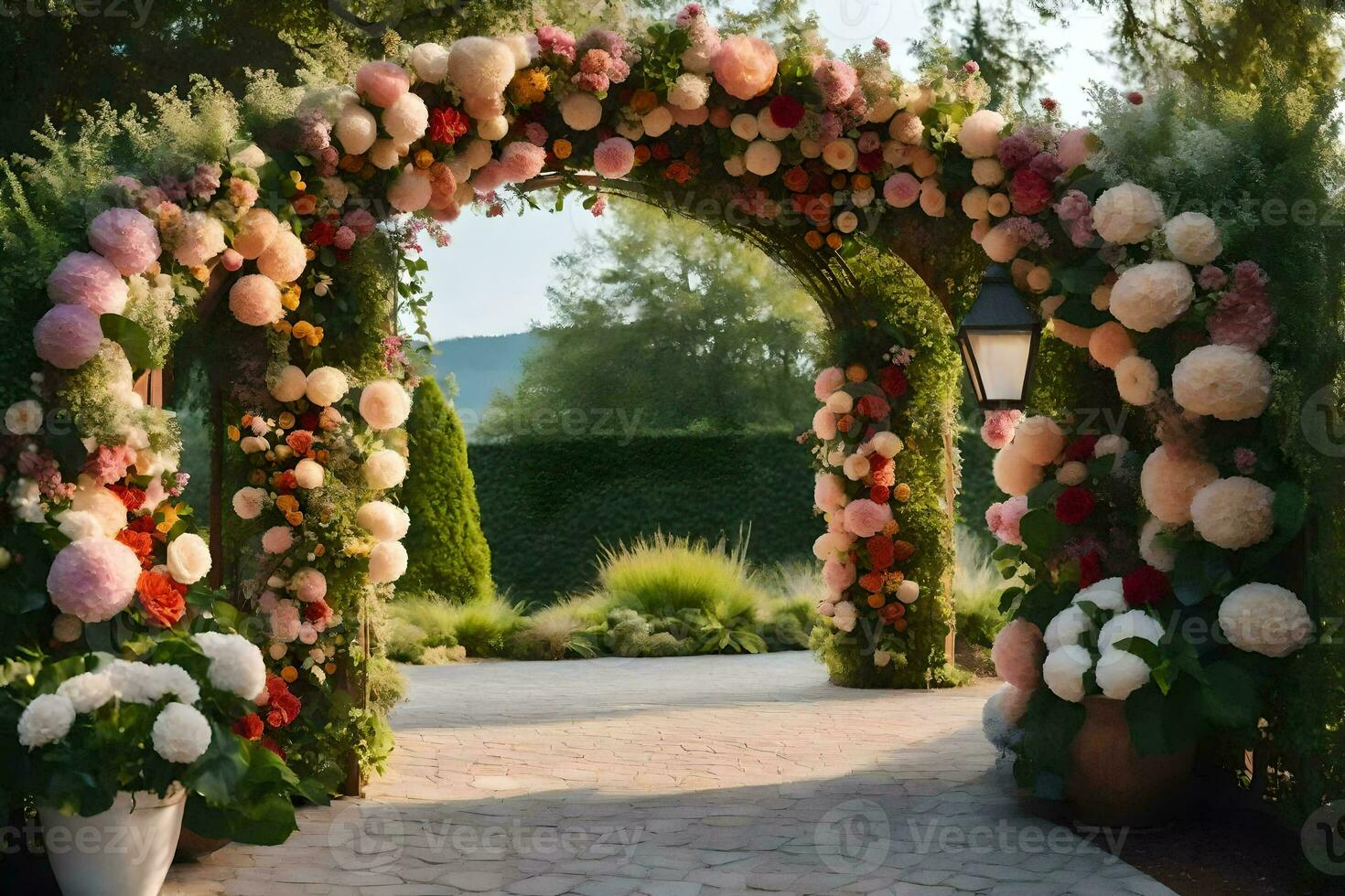 en blomma archway är dekorerad med blommor. ai-genererad foto