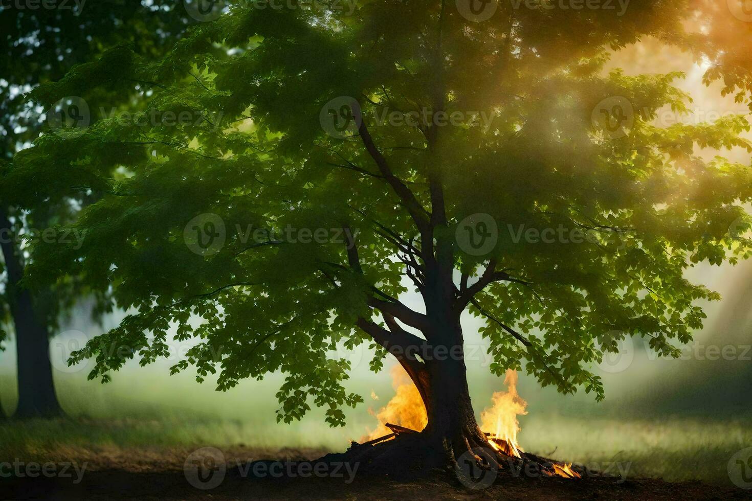 en träd med lågor kommande från den i de mitten av de skog. ai-genererad foto