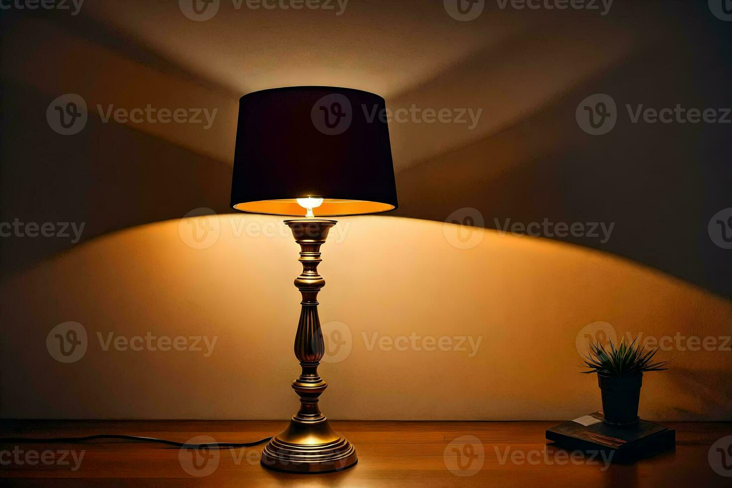 en tabell lampa med en svart skugga på Det. ai-genererad foto