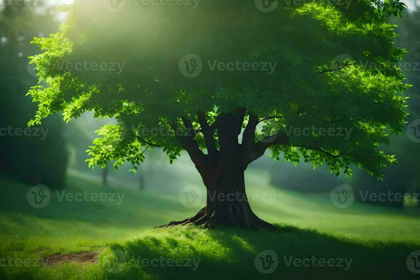 Foto tapet de himmel, träd, gräs, Sol, grön, träd, solljus, grön,. ai-genererad