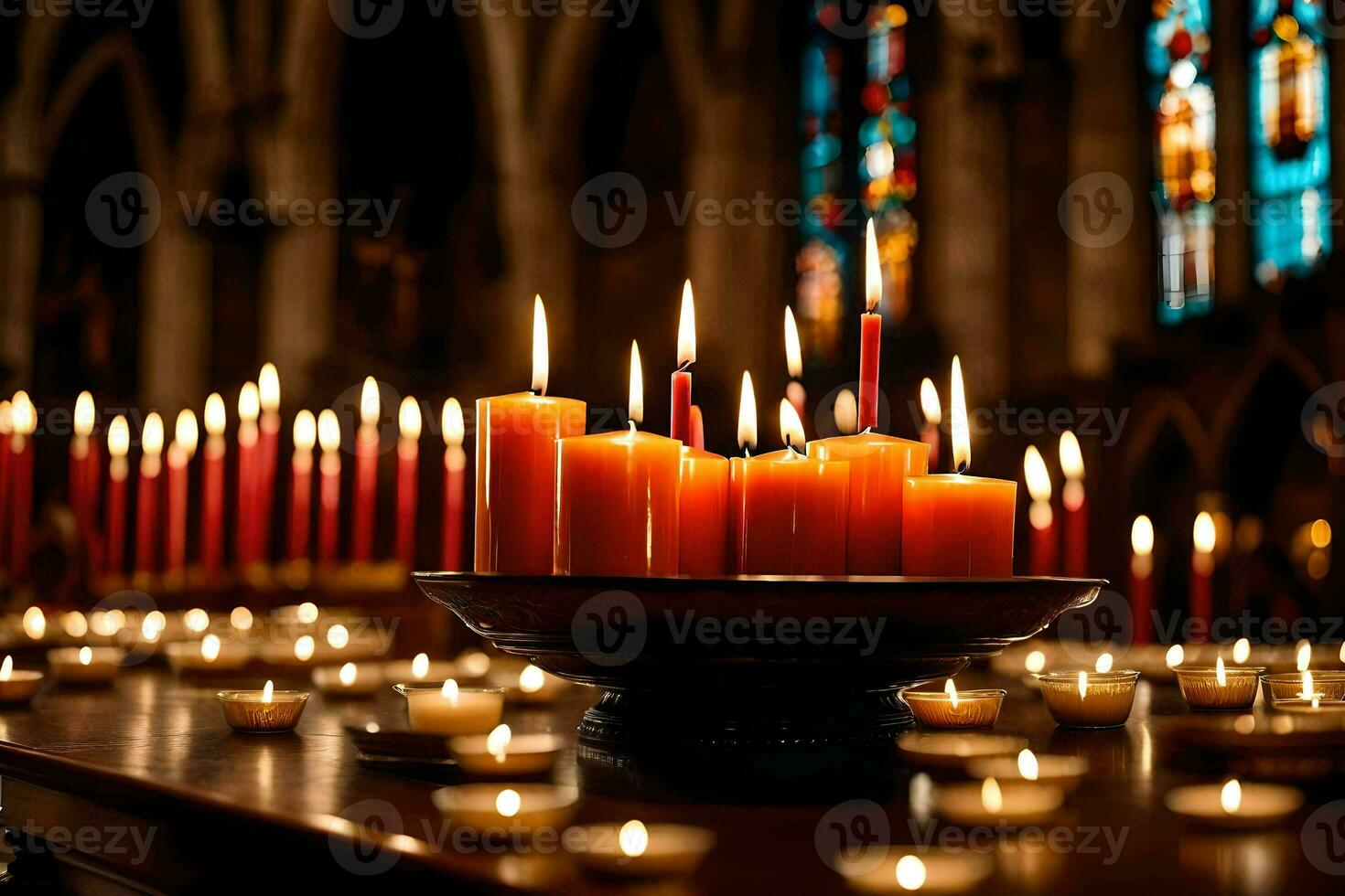 ljus är belyst i en kyrka med ljus. ai-genererad foto