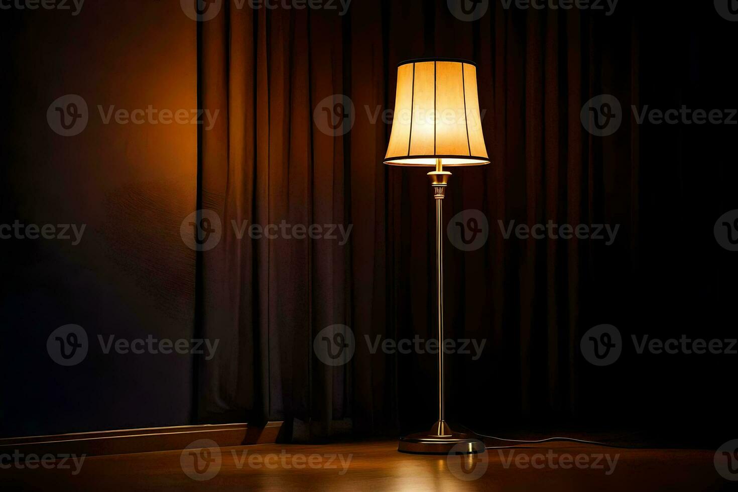 en lampa på en mörk golv i främre av en ridå. ai-genererad foto