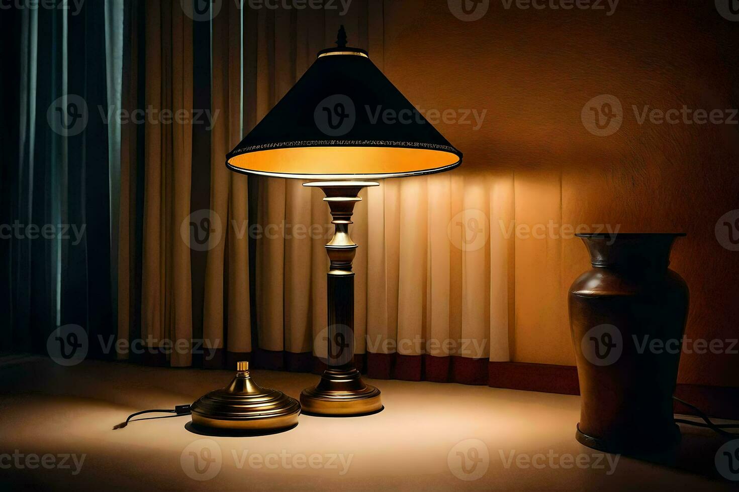 en lampa och vas på en tabell i en mörk rum. ai-genererad foto