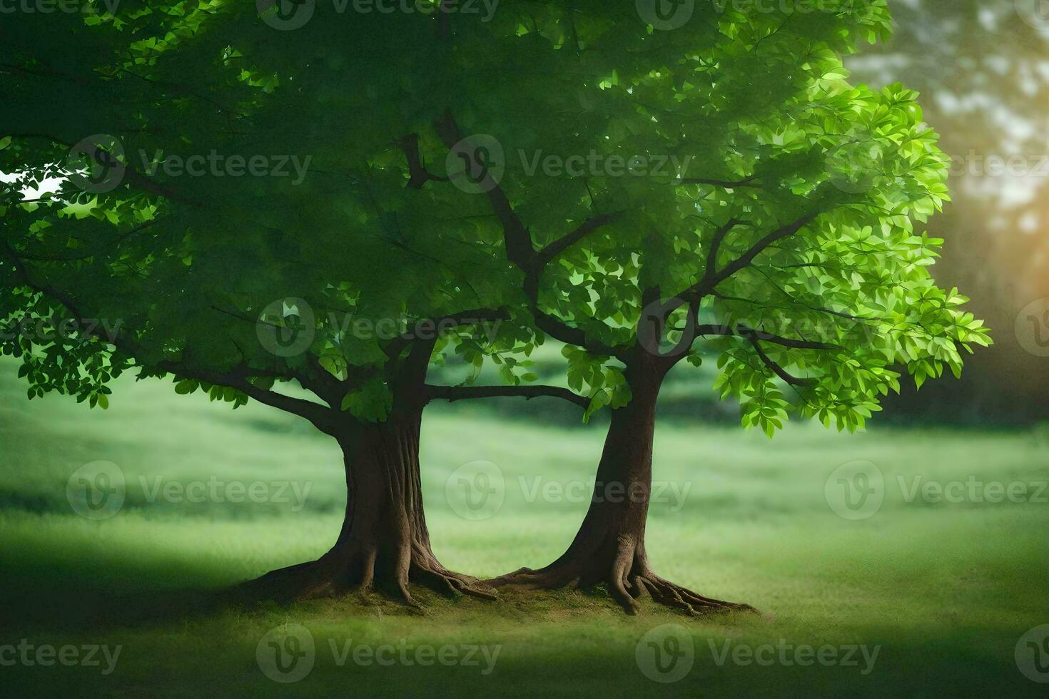 två träd i en fält med de Sol lysande genom. ai-genererad foto