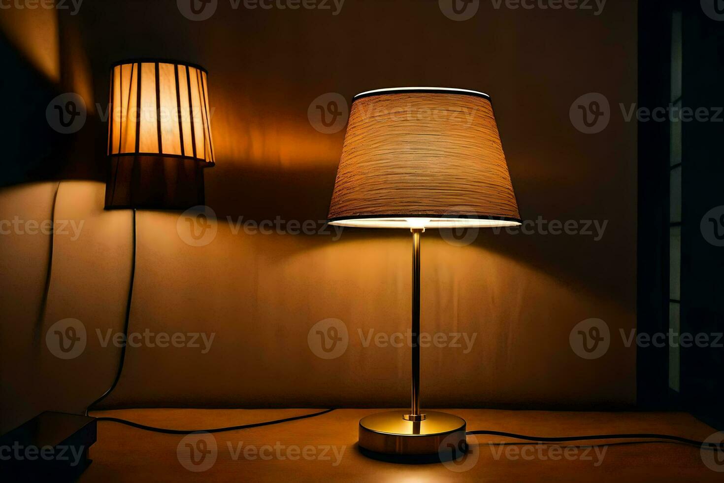 en lampa är på en tabell Nästa till en lampa skugga. ai-genererad foto