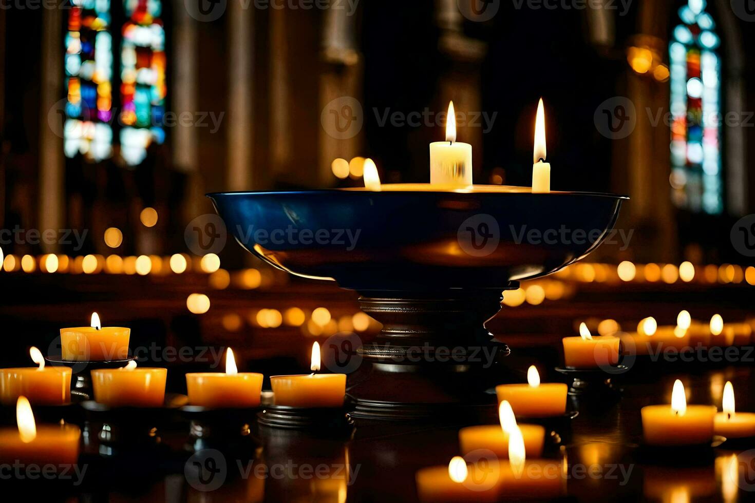 ljus är belyst i en kyrka med ljus i de bakgrund. ai-genererad foto