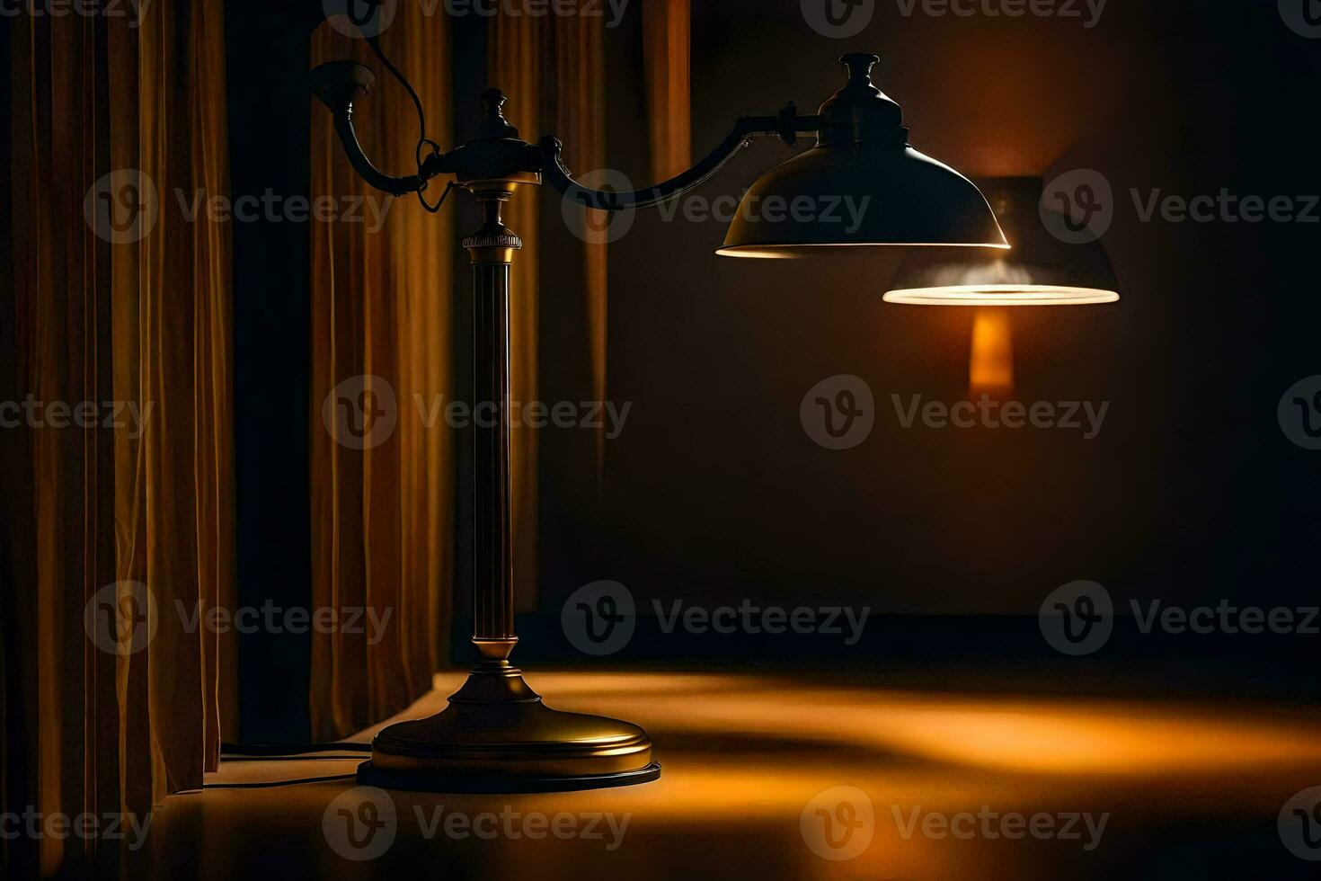 en lampa är på en tabell i främre av en ridå. ai-genererad foto