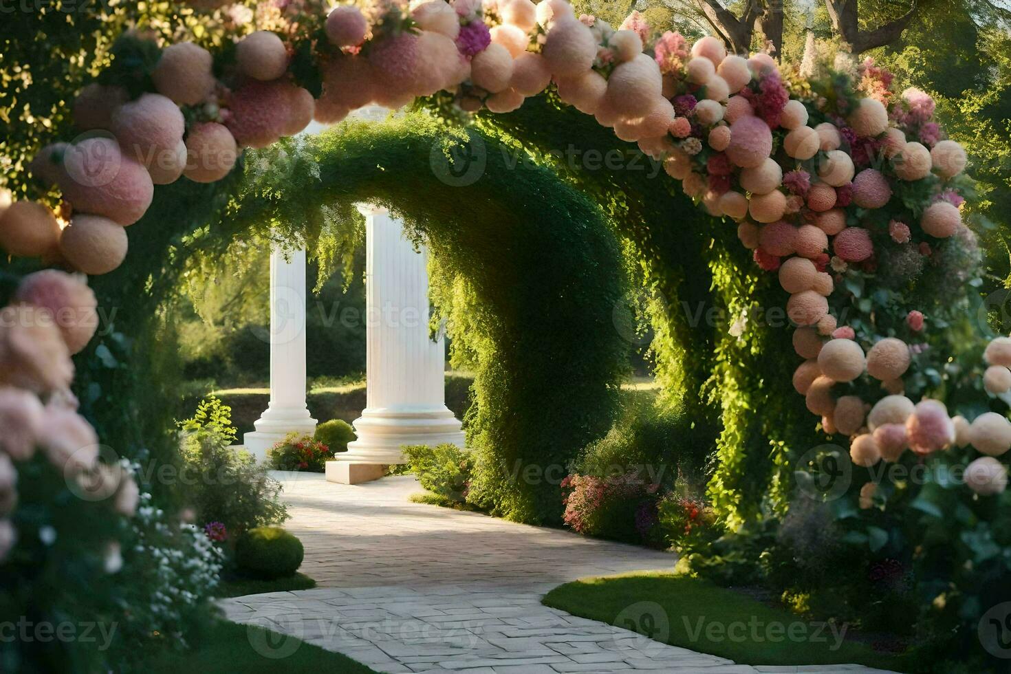 en gångväg med blommor och valvgång. ai-genererad foto
