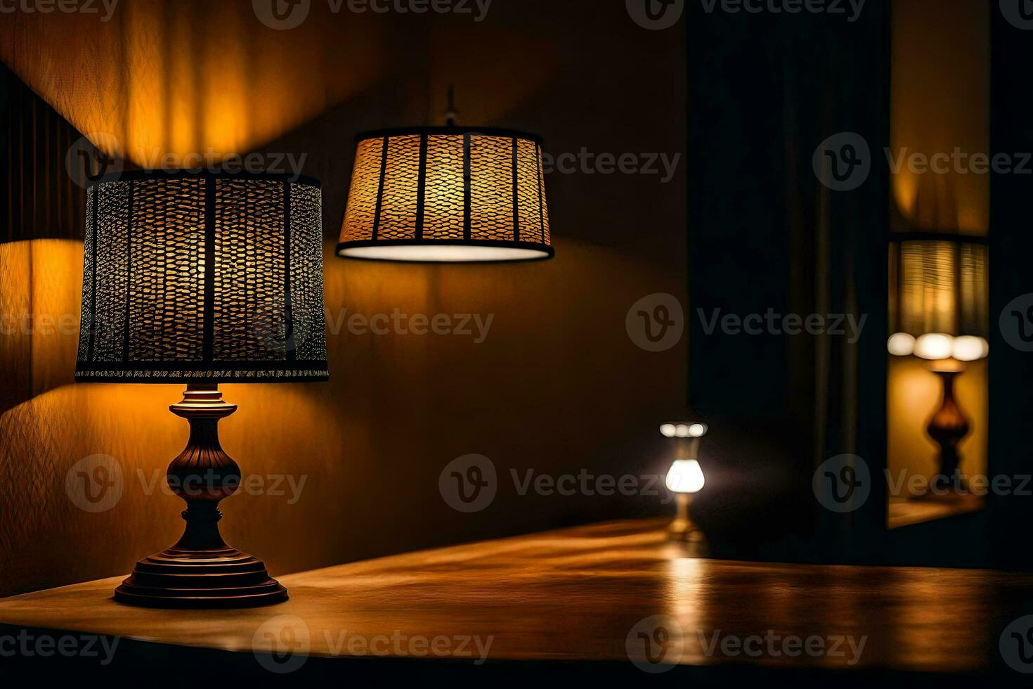 en tabell lampa och en lampa på en tabell. ai-genererad foto