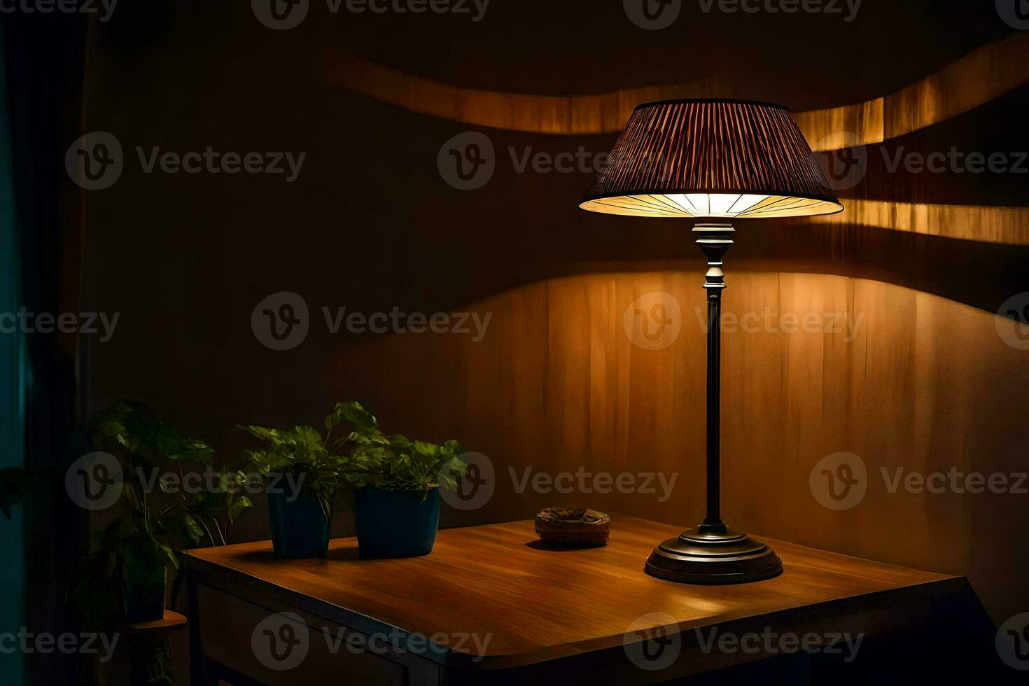 en tabell lampa med en skugga på Det. ai-genererad foto