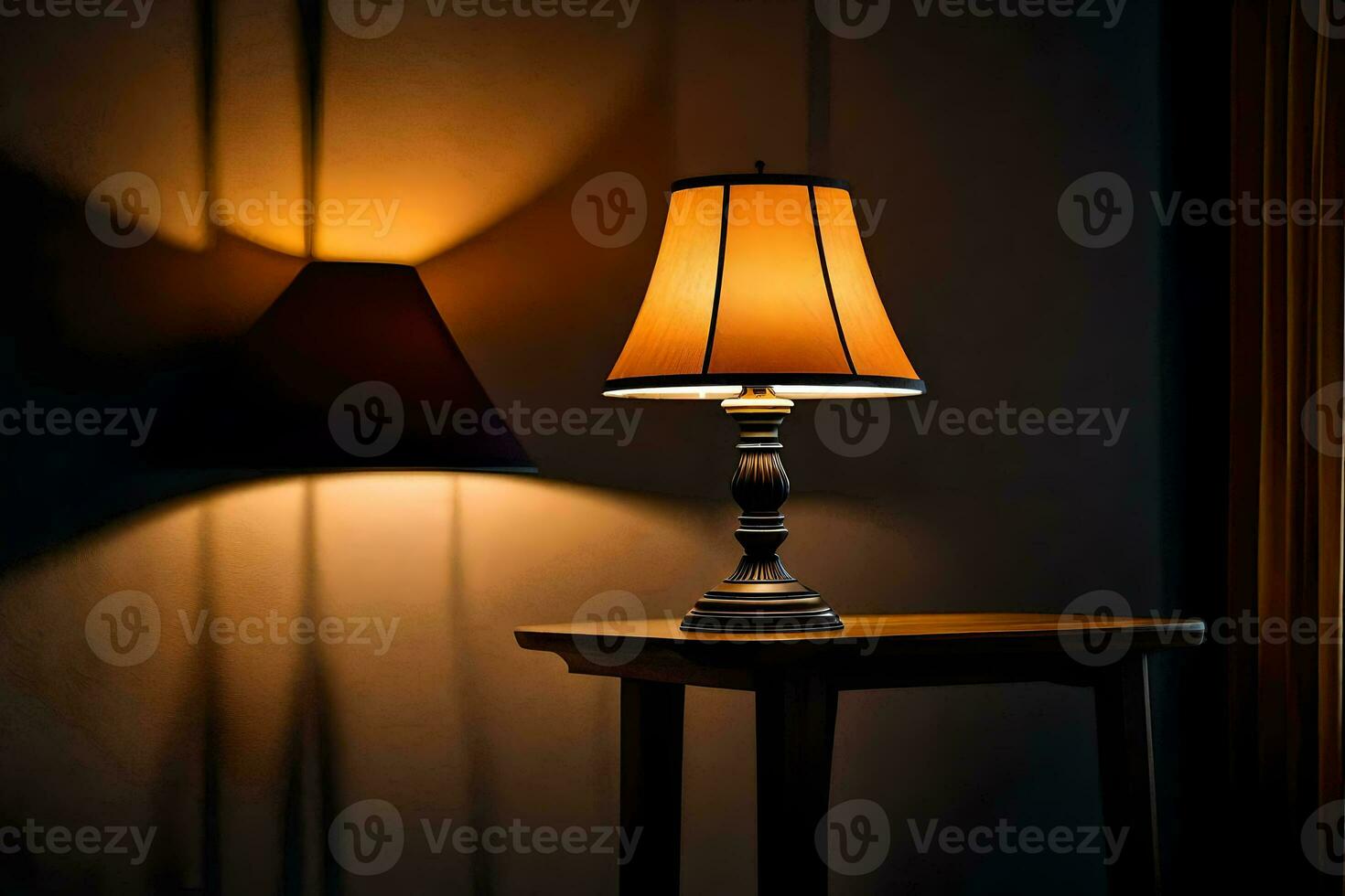 en lampa på en tabell i de mörk. ai-genererad foto