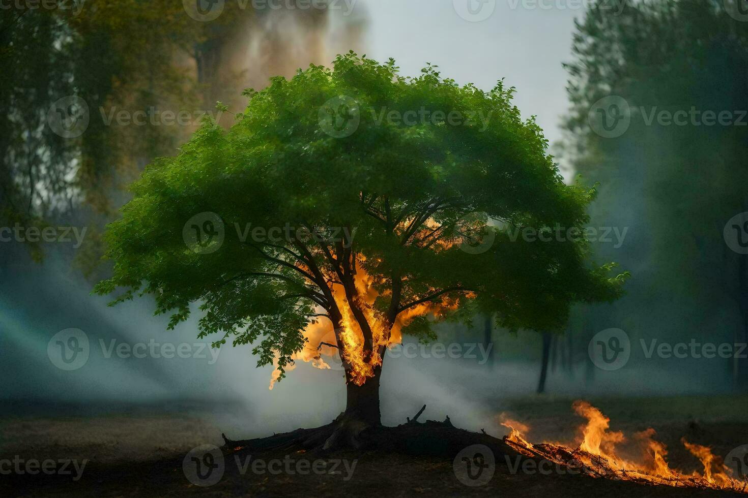 en träd med lågor kommande ut av Det. ai-genererad foto
