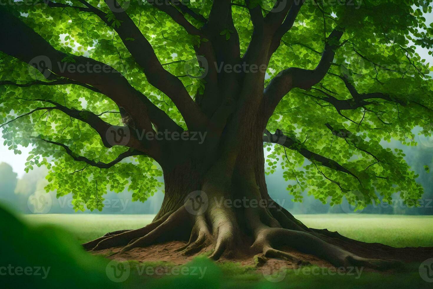 en stor träd med grön löv i de mitten av en fält. ai-genererad foto
