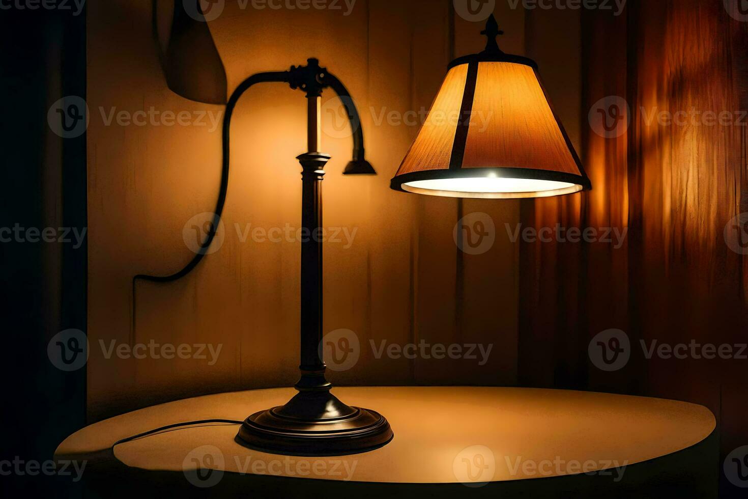 en lampa är på en tabell i en mörk rum. ai-genererad foto