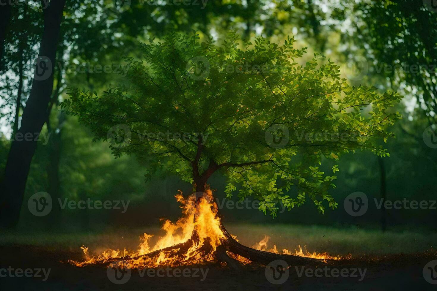 en träd med lågor i de mitten av en skog. ai-genererad foto