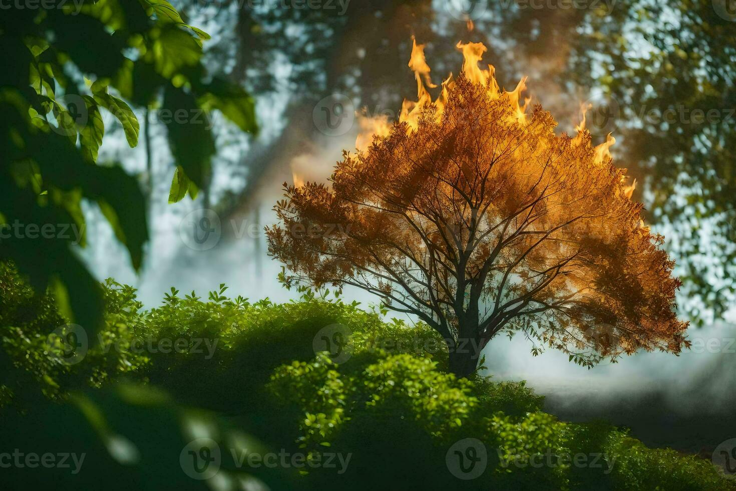 en brinnande träd i de skog. ai-genererad foto