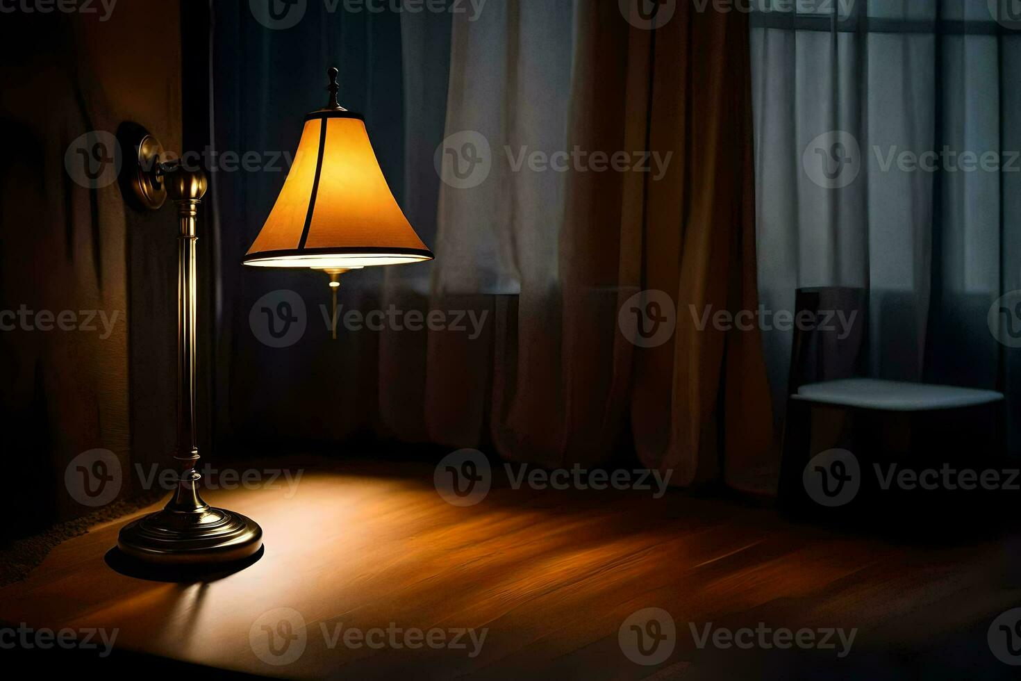 en lampa är Sammanträde på en tabell i främre av en fönster. ai-genererad foto