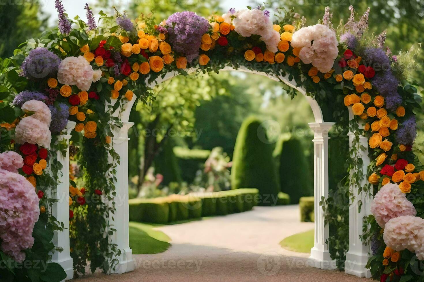 ett archway med blommor och grönska. ai-genererad foto