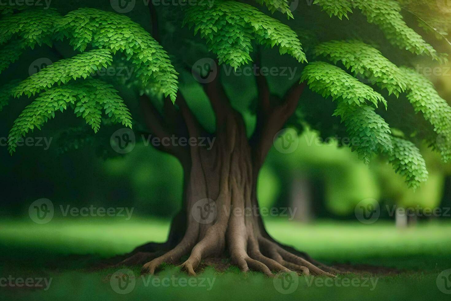 en träd med rötter i de gräs. ai-genererad foto