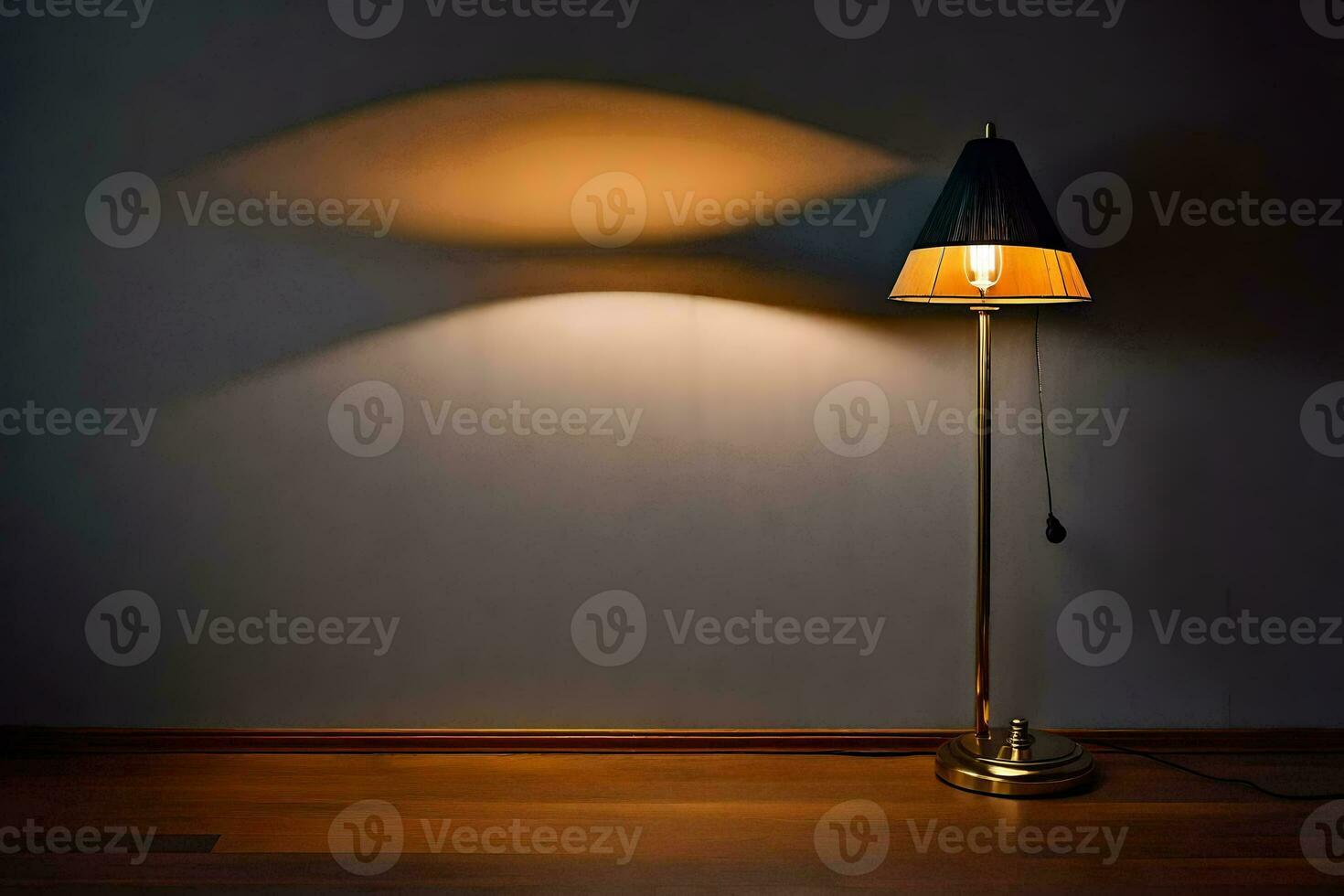 en lampa på en trä- golv i främre av en vägg. ai-genererad foto