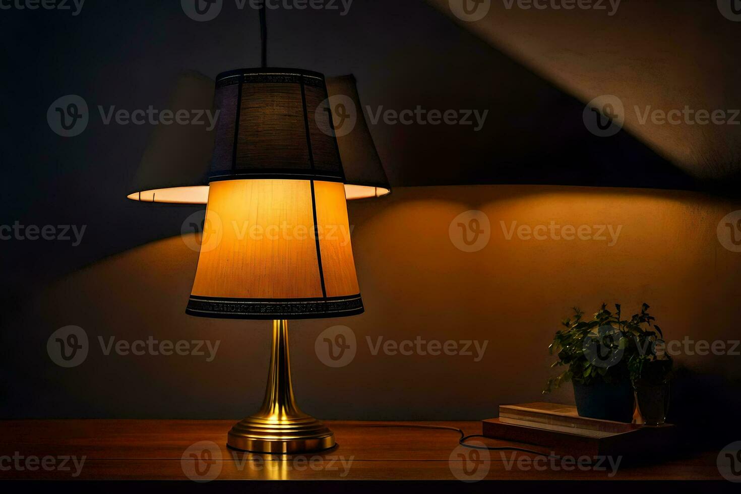 en lampa med en svart skugga på topp av en tabell. ai-genererad foto