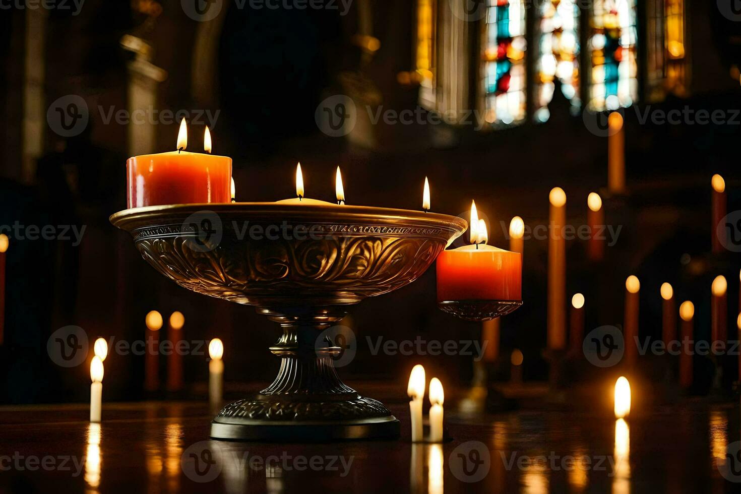 ljus i en kyrka med ljus belyst. ai-genererad foto