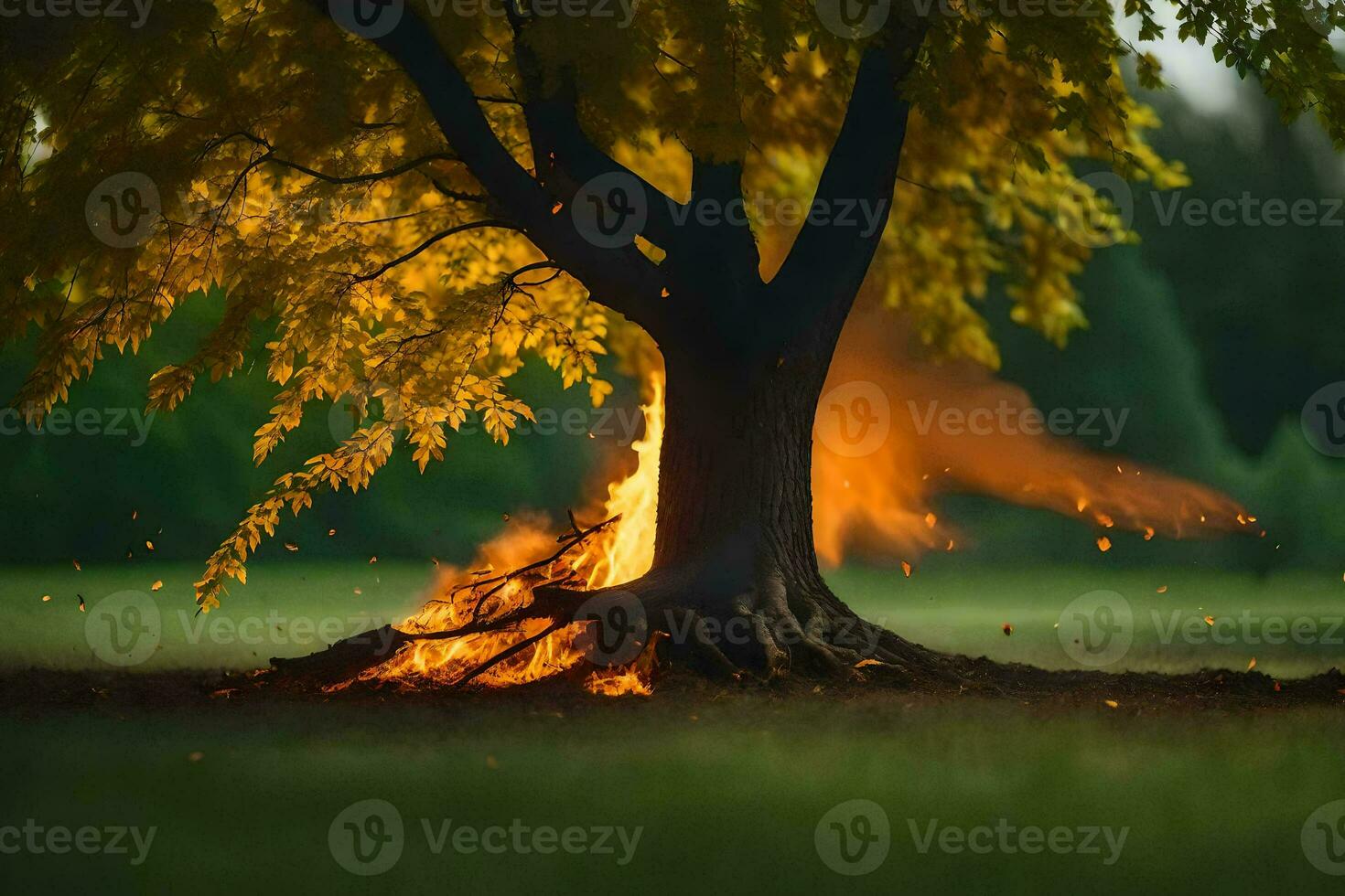 en träd med brand kommande ut av Det. ai-genererad foto