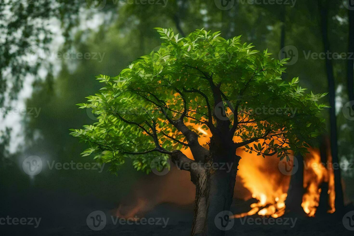 en små träd är brinnande i de skog. ai-genererad foto