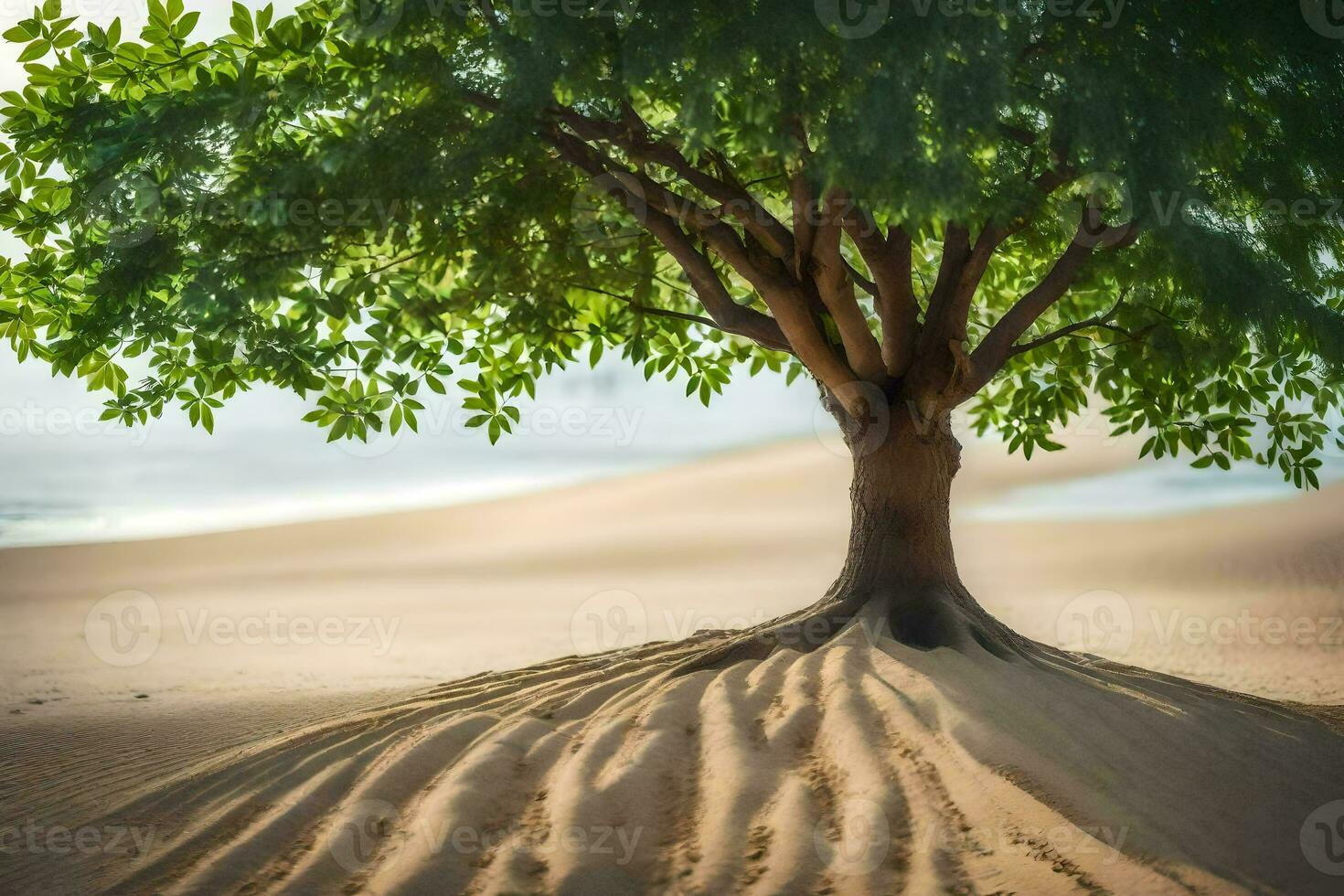 en träd med dess rötter i de sand. ai-genererad foto