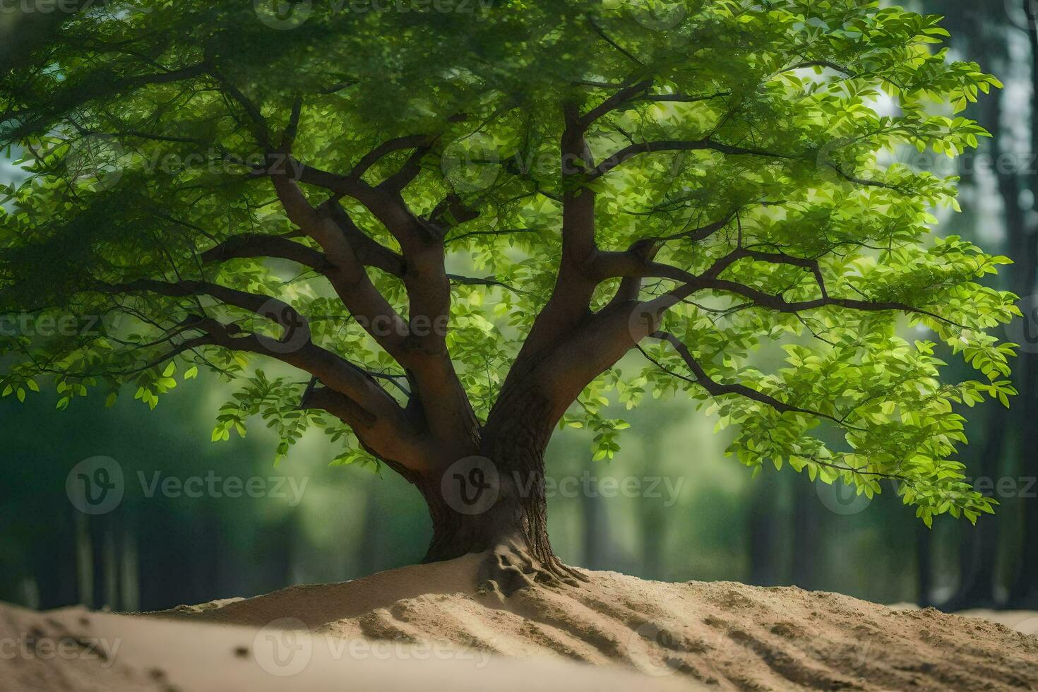 en träd är stående i de mitten av en sand dyn. ai-genererad foto