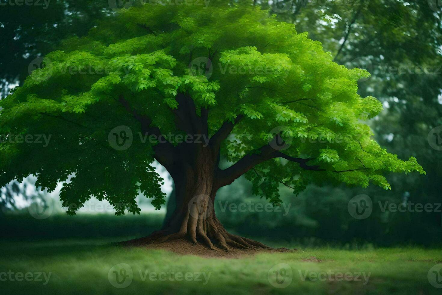 en stor träd i de mitten av en fält. ai-genererad foto
