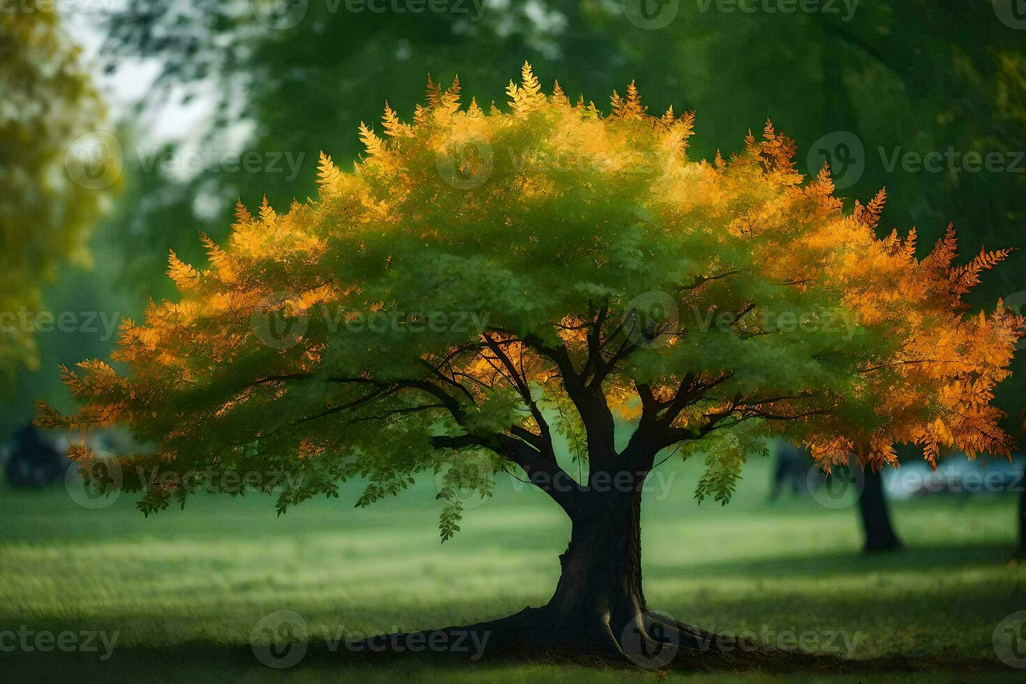 en träd med orange löv i de mitten av en fält. ai-genererad foto