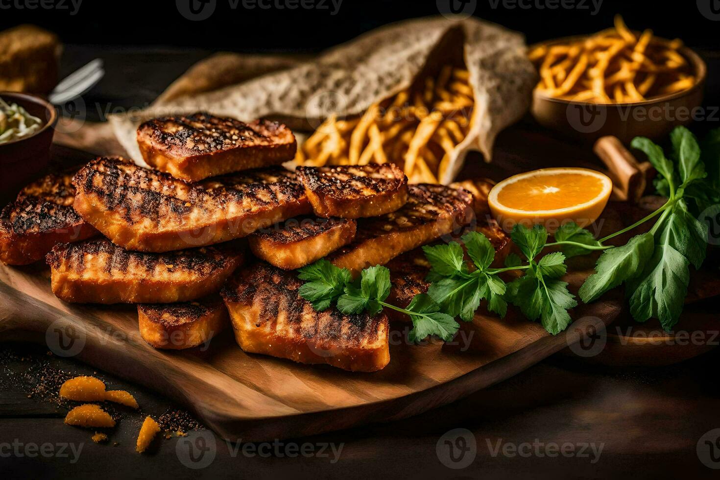 grillad fisk på en trä- skärande styrelse med frites och sås. ai-genererad foto