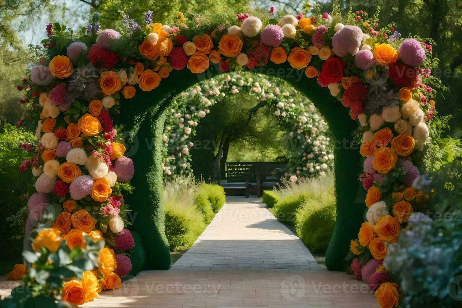 en gångväg med blommor och valvgång. ai-genererad foto