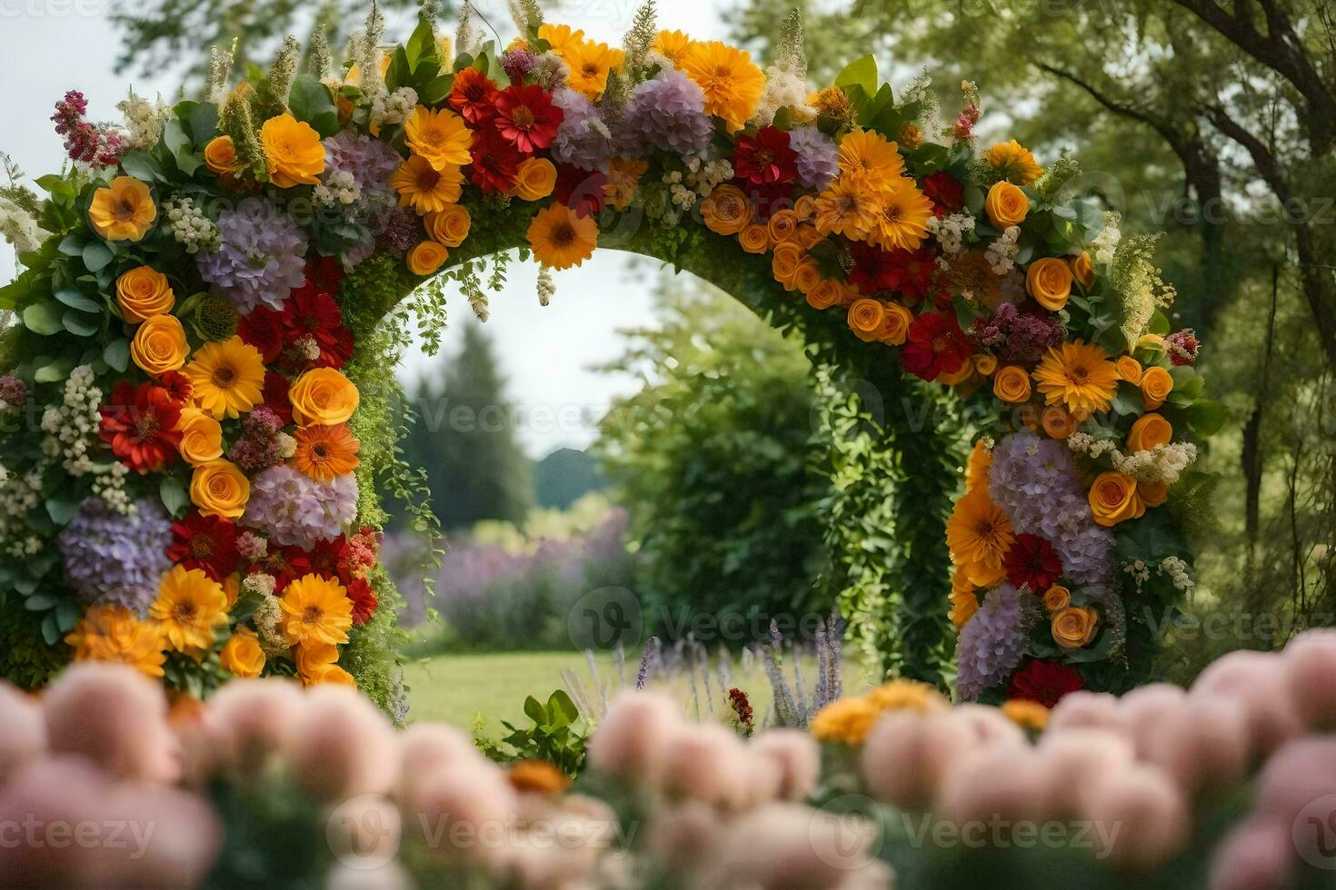 en blomma båge är omgiven förbi färgrik blommor. ai-genererad foto