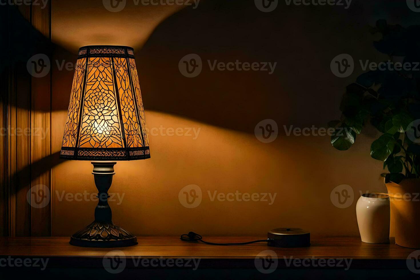 en lampa på en tabell Nästa till en växt. ai-genererad foto