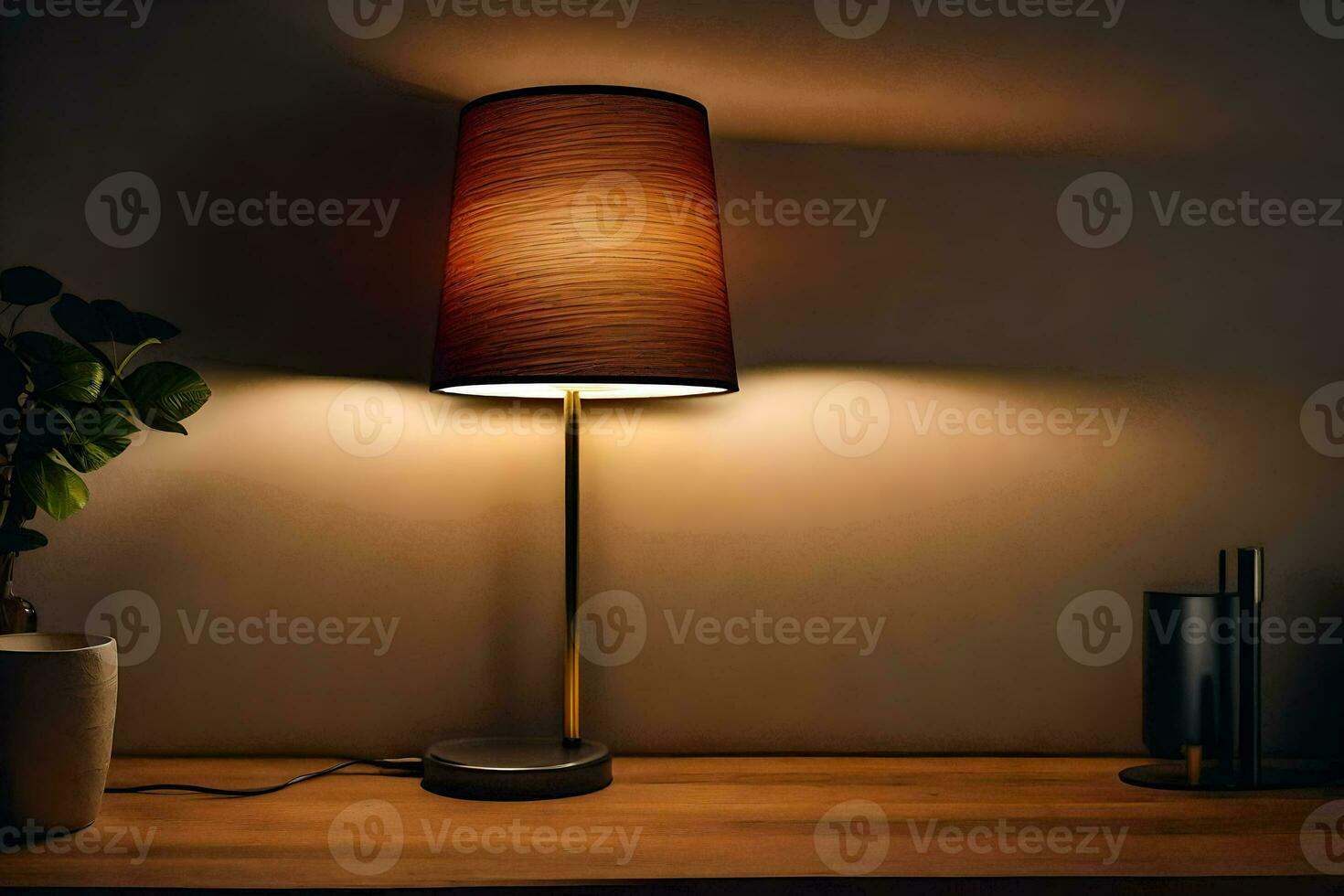 en tabell lampa med en brun skugga på Det. ai-genererad foto