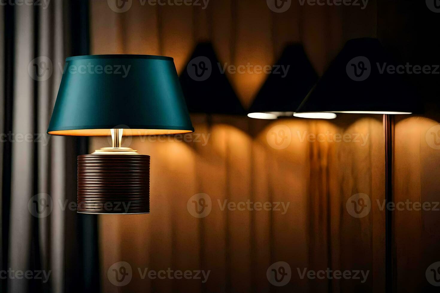 en lampa med en blå skugga och en trä- bas. ai-genererad foto