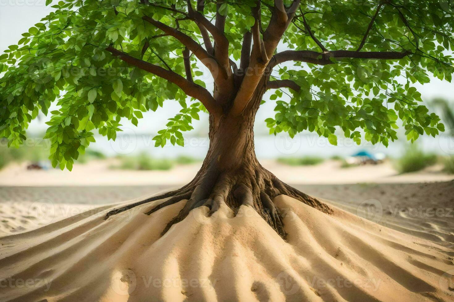 en träd med rötter växande ut av de sand. ai-genererad foto