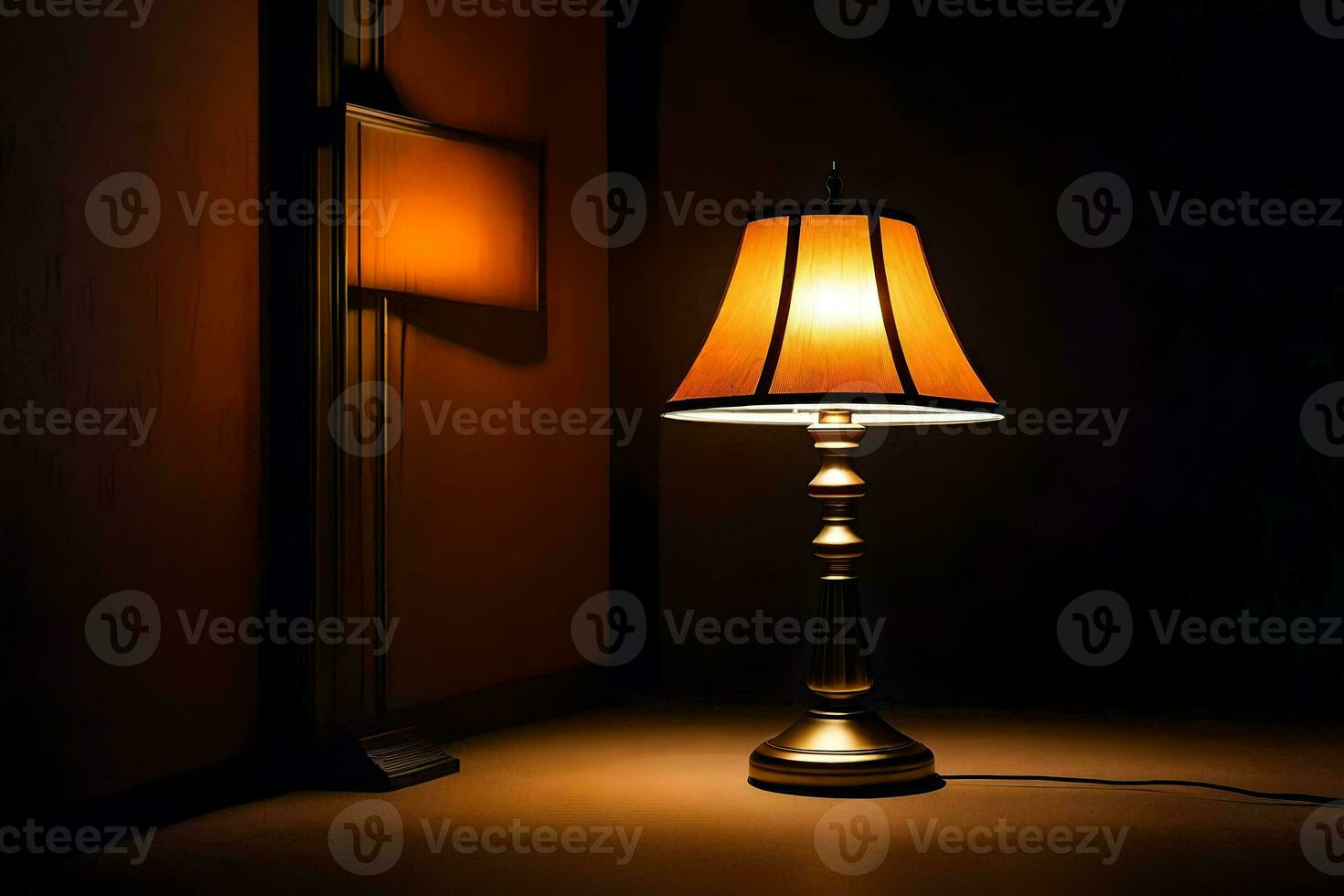 en lampa är på en tabell i de mörk. ai-genererad foto