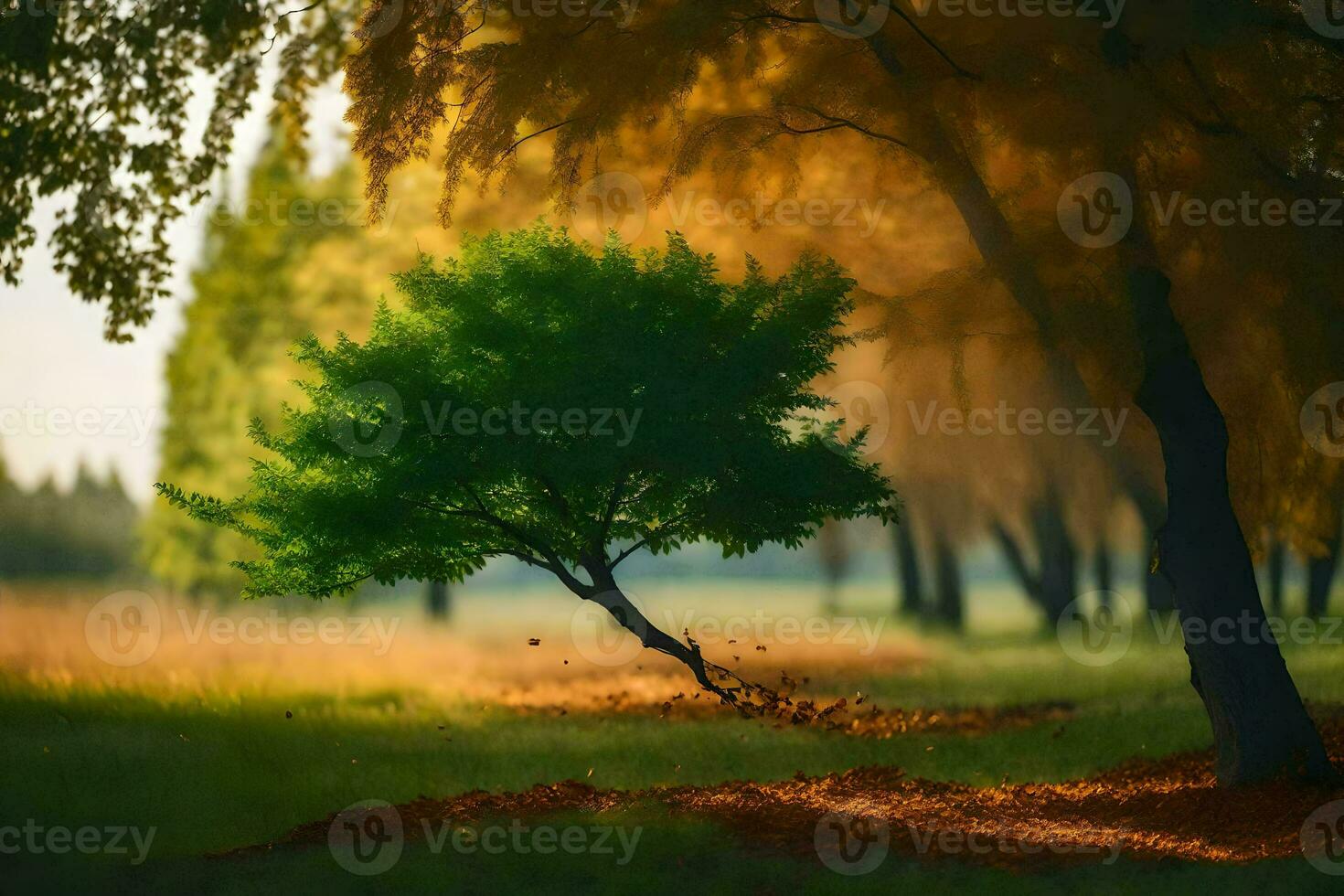en ensam träd i de mitten av en fält. ai-genererad foto