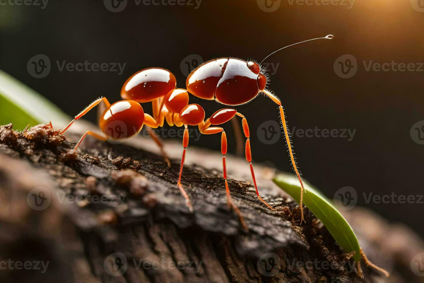 en röd myra är stående på en logga. ai-genererad foto