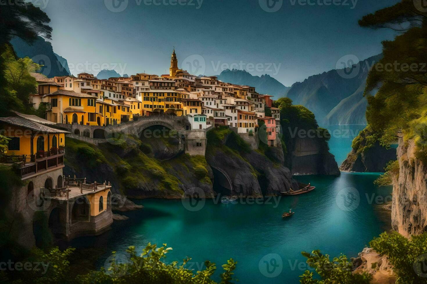 de by av Italien är omgiven förbi bergen och vatten. ai-genererad foto