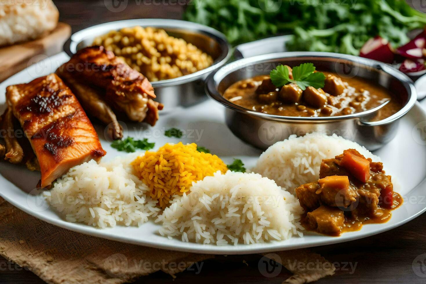 en tallrik av indisk mat med ris, kött och grönsaker. ai-genererad foto