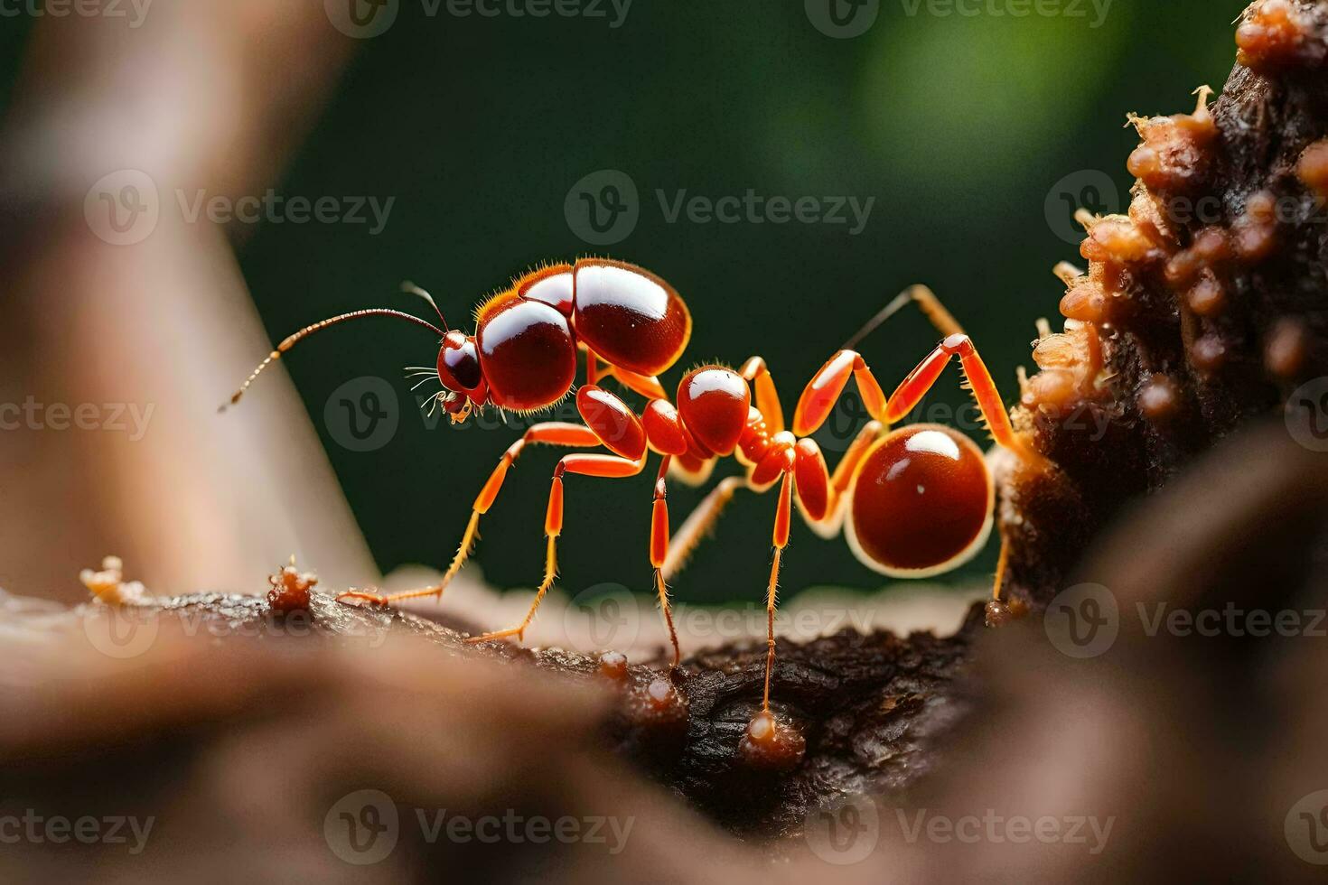en röd myra är stående på en träd gren. ai-genererad foto