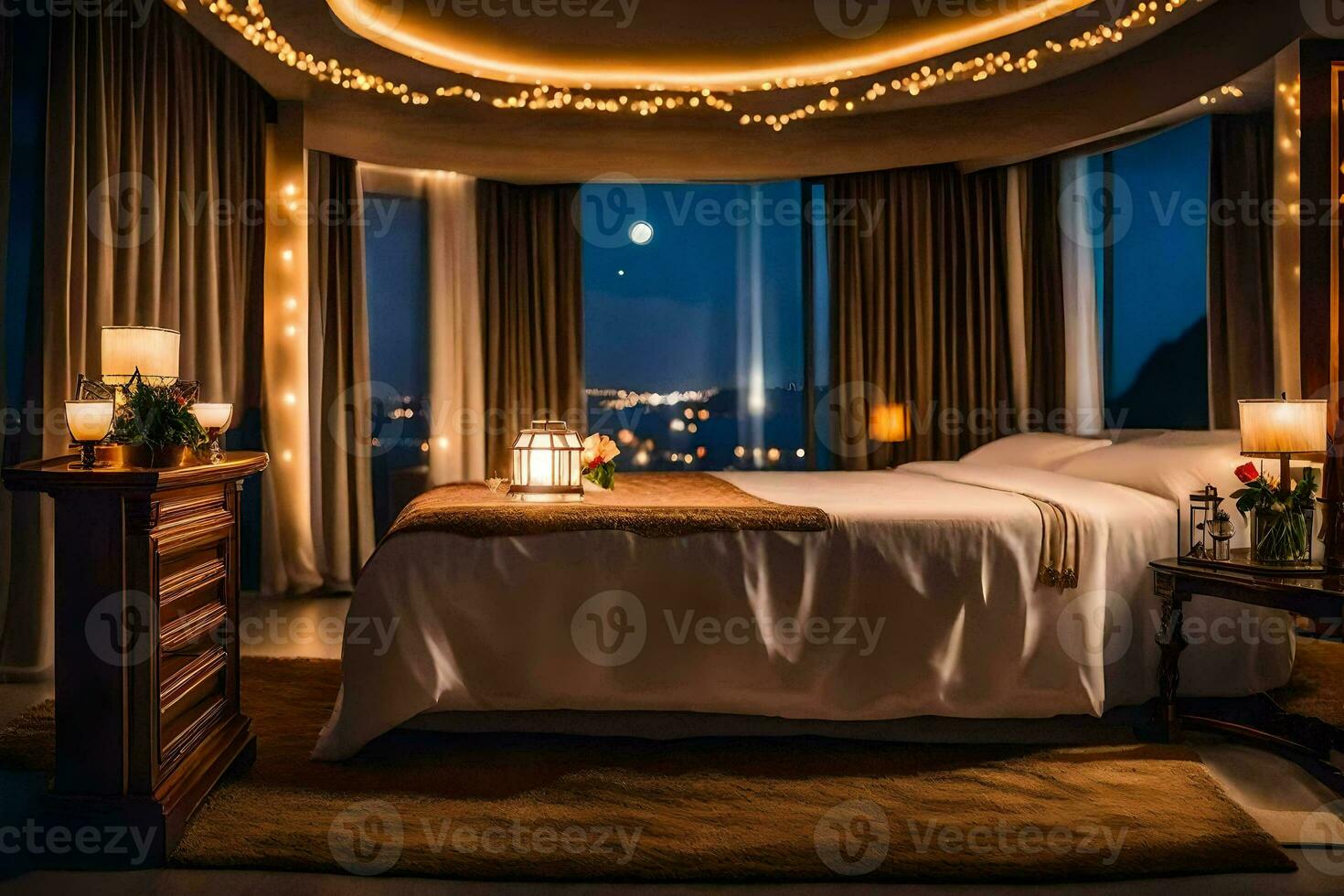 en sovrum med en säng och ljus belyst upp. ai-genererad foto