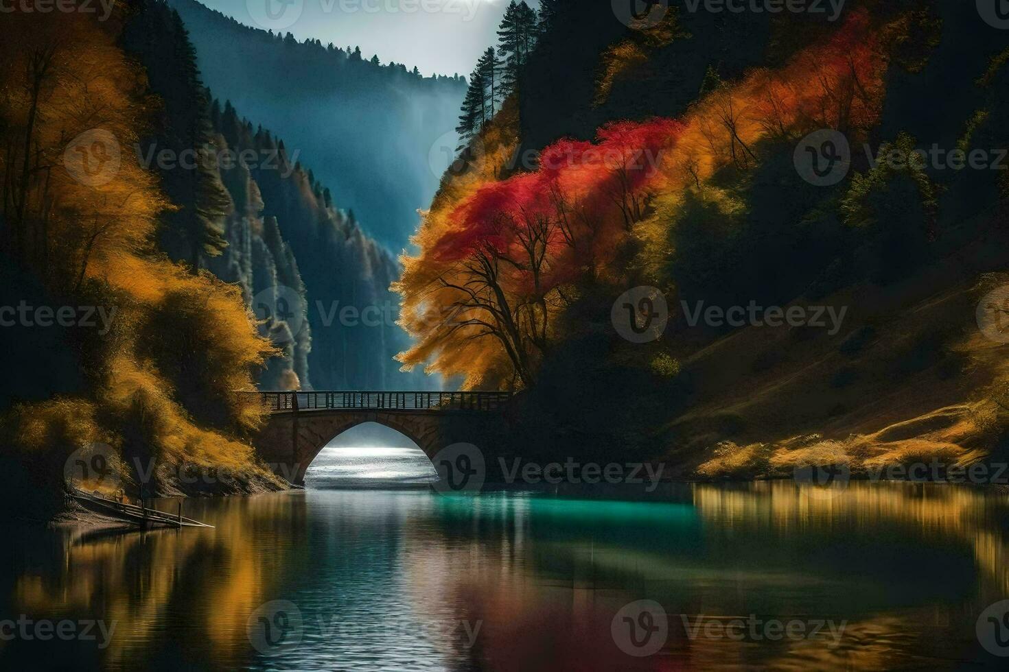 en bro över en flod i de berg. ai-genererad foto