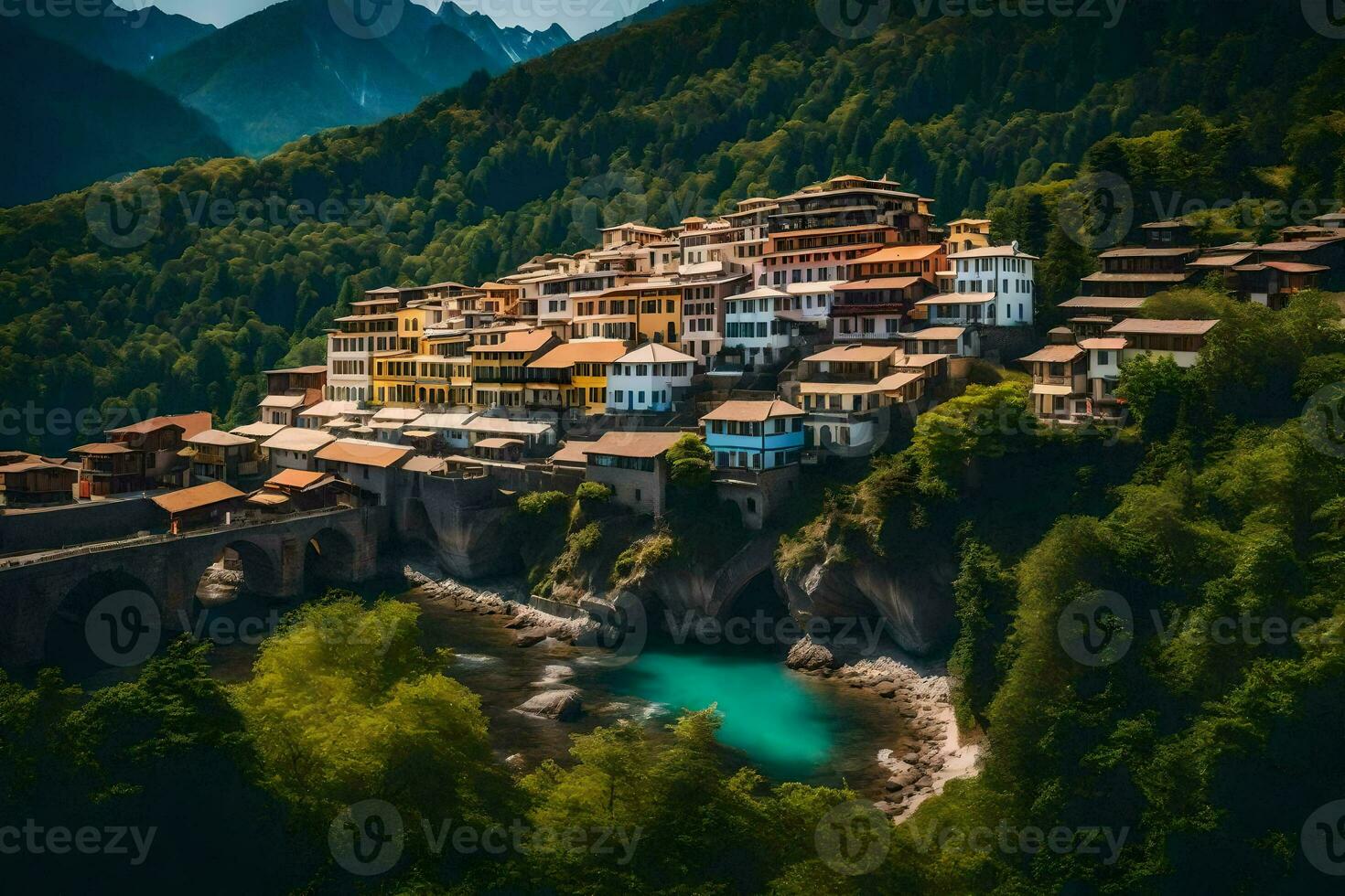 en by i de bergen med en bro över de vatten. ai-genererad foto