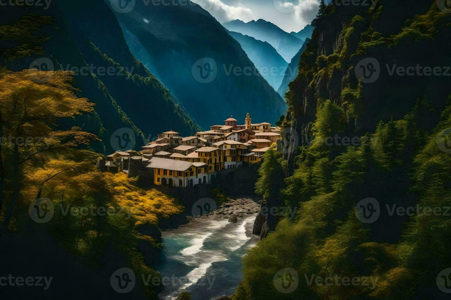 en små by sitter på de kant av en berg. ai-genererad foto