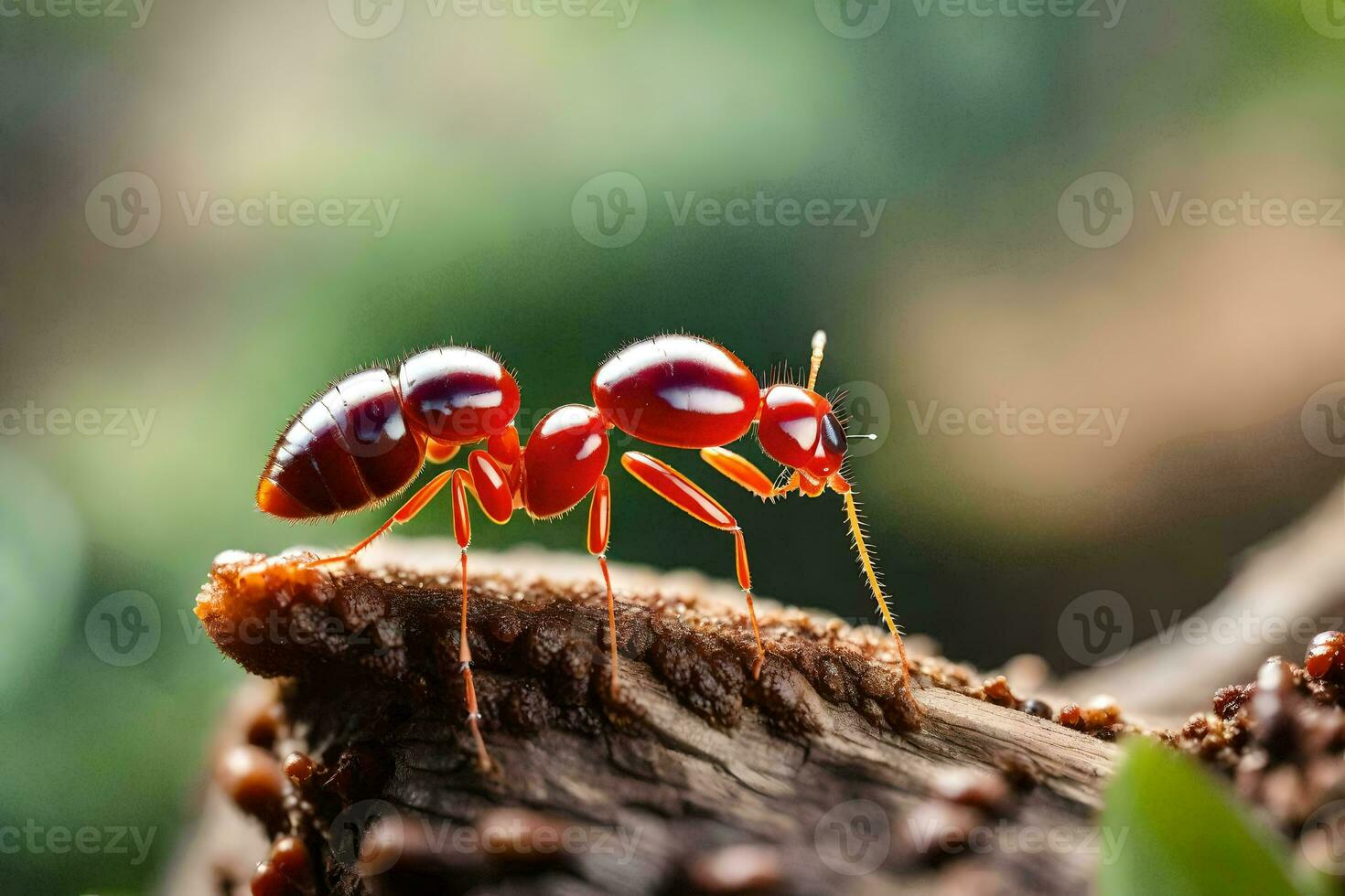 en röd myra på en gren. ai-genererad foto